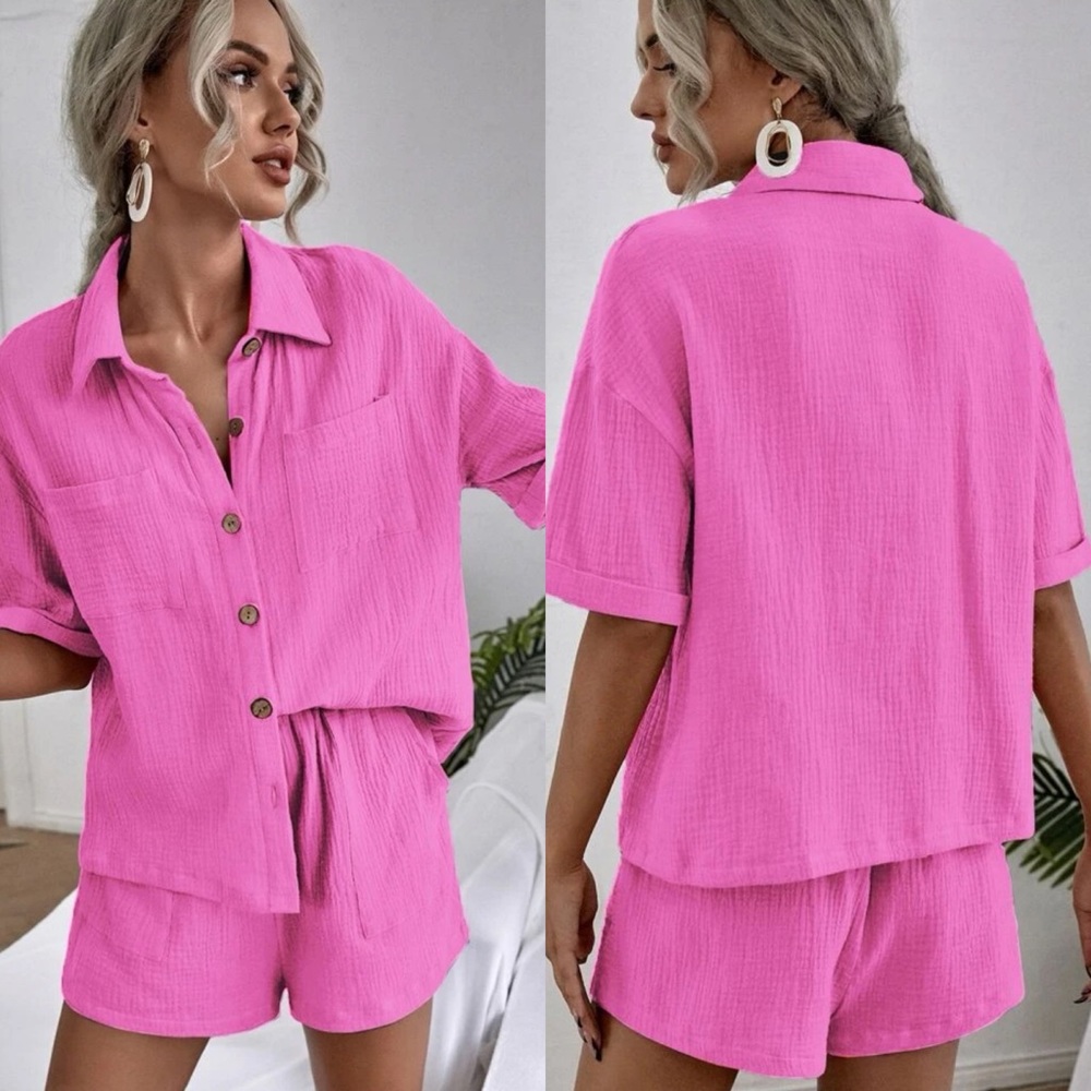 2 piece set: Breast Pocket Button Down Shirt & high waist Shorts coords tan - Picture 14 of 14
